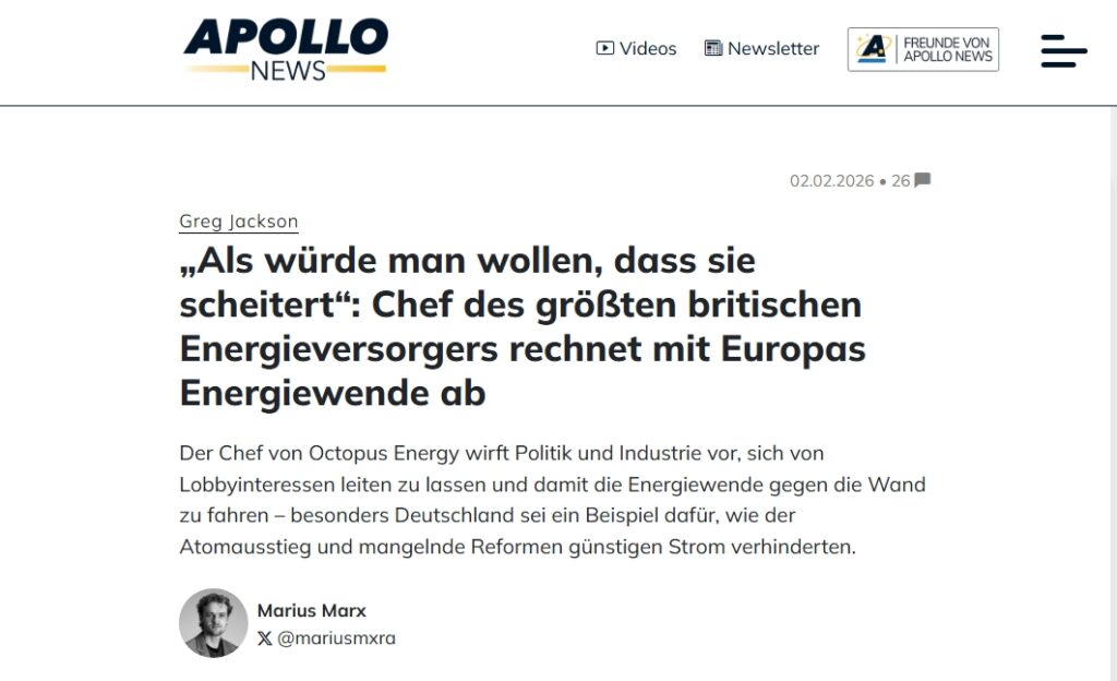 So framt Apollo News das ntv-Interview mit Greg Jackson von Octopus Energy.