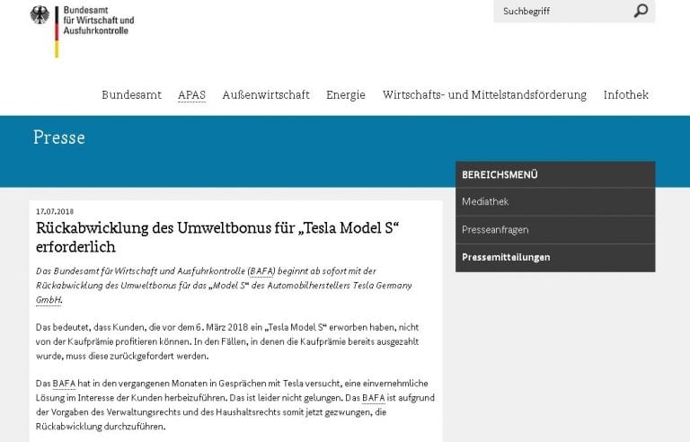 BAFA und Tesla streiten über Rechtmäßigkeit der Elektroauto-Förderung