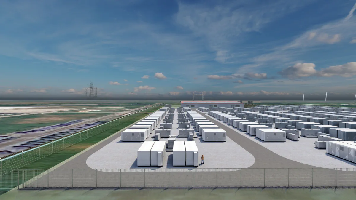 So soll der Batteriespeicher Brunsbüttel direkt am ehemaligen AKW Brunsbüttel künftig aussehen (Visualisierung: Vattenfall)