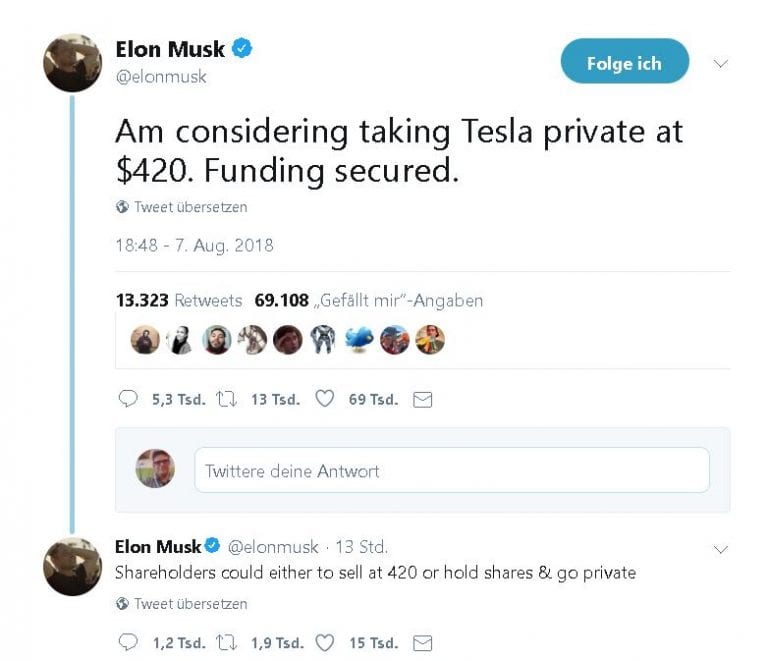 Shortseller in Aufruhr: Musk könnte Tesla von der Börse nehmen
