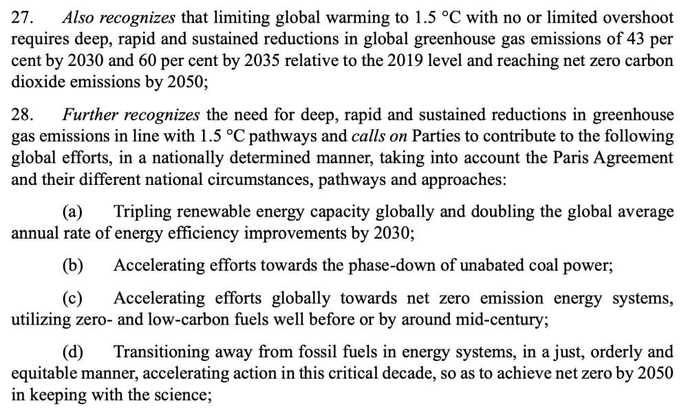 Entscheidende Paragraphen der COP28-Vereinbarung zur Abkehr von fossilen Brennstoffen sowie dem raschen Ausbau der erneuerbaren Energien