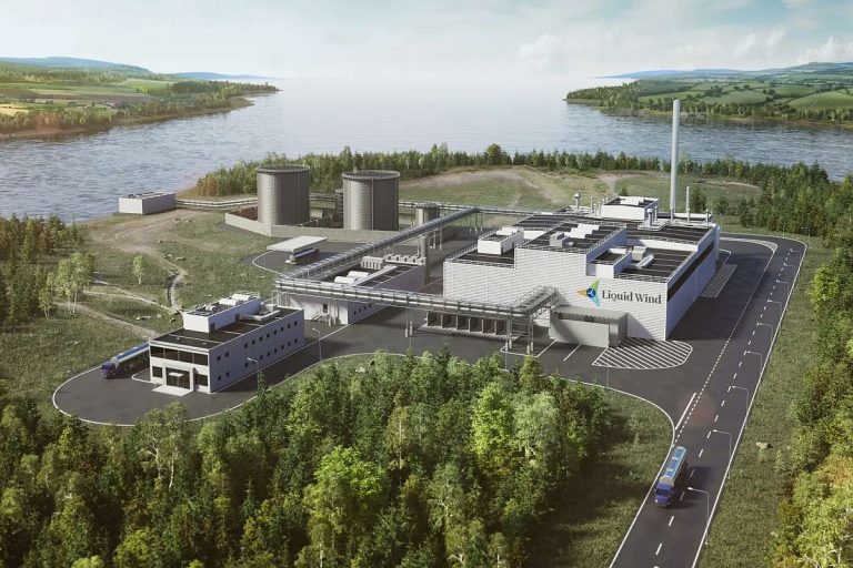 Illustration einer e-Fuel Produktionsstätte von Liquid Fuel, dem schwedischen Cleantech-Unternehmen