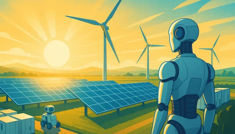 Merz Energiewende Symbolfoto mit Windkraftanlagen, Solarmodulen und humanoiden Robotern, die zelluläre Landwirtschaft überwachen