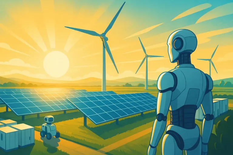 Merz Energiewende Symbolfoto mit Windkraftanlagen, Solarmodulen und humanoiden Robotern, die zelluläre Landwirtschaft überwachen