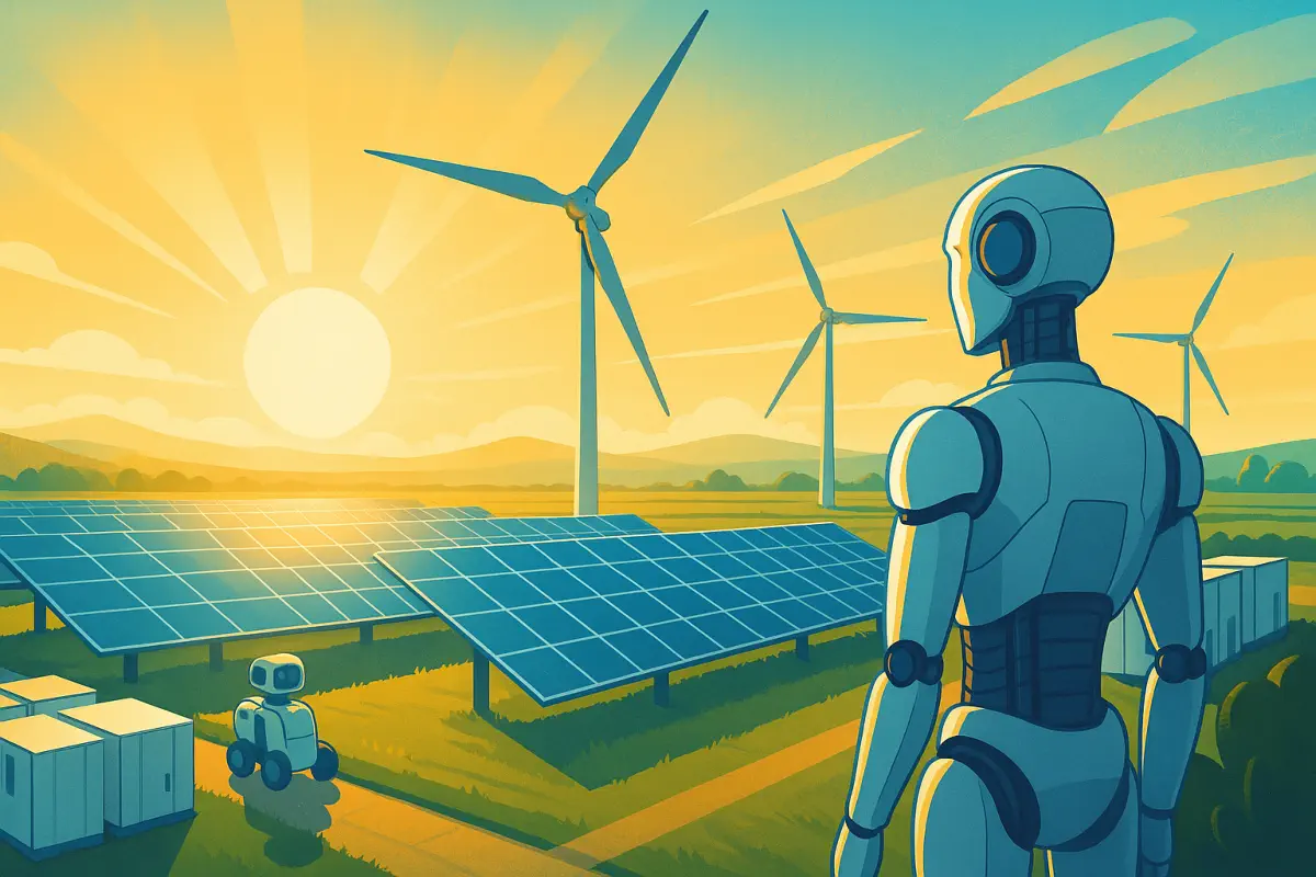 Merz Energiewende Symbolfoto mit Windkraftanlagen, Solarmodulen und humanoiden Robotern, die zelluläre Landwirtschaft überwachen