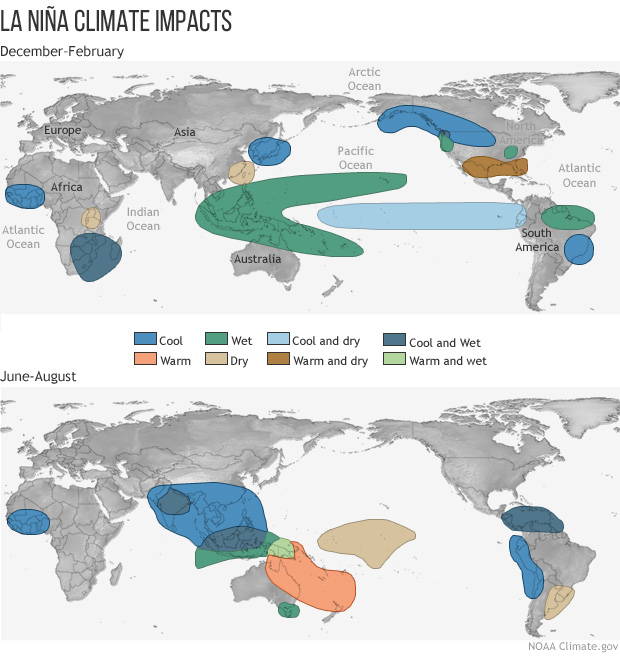 El Niño 2026: Was wirklich dahintersteckt 3 Weltkarte der globalen Auswirkungen von La Niña im Winter und Sommer
