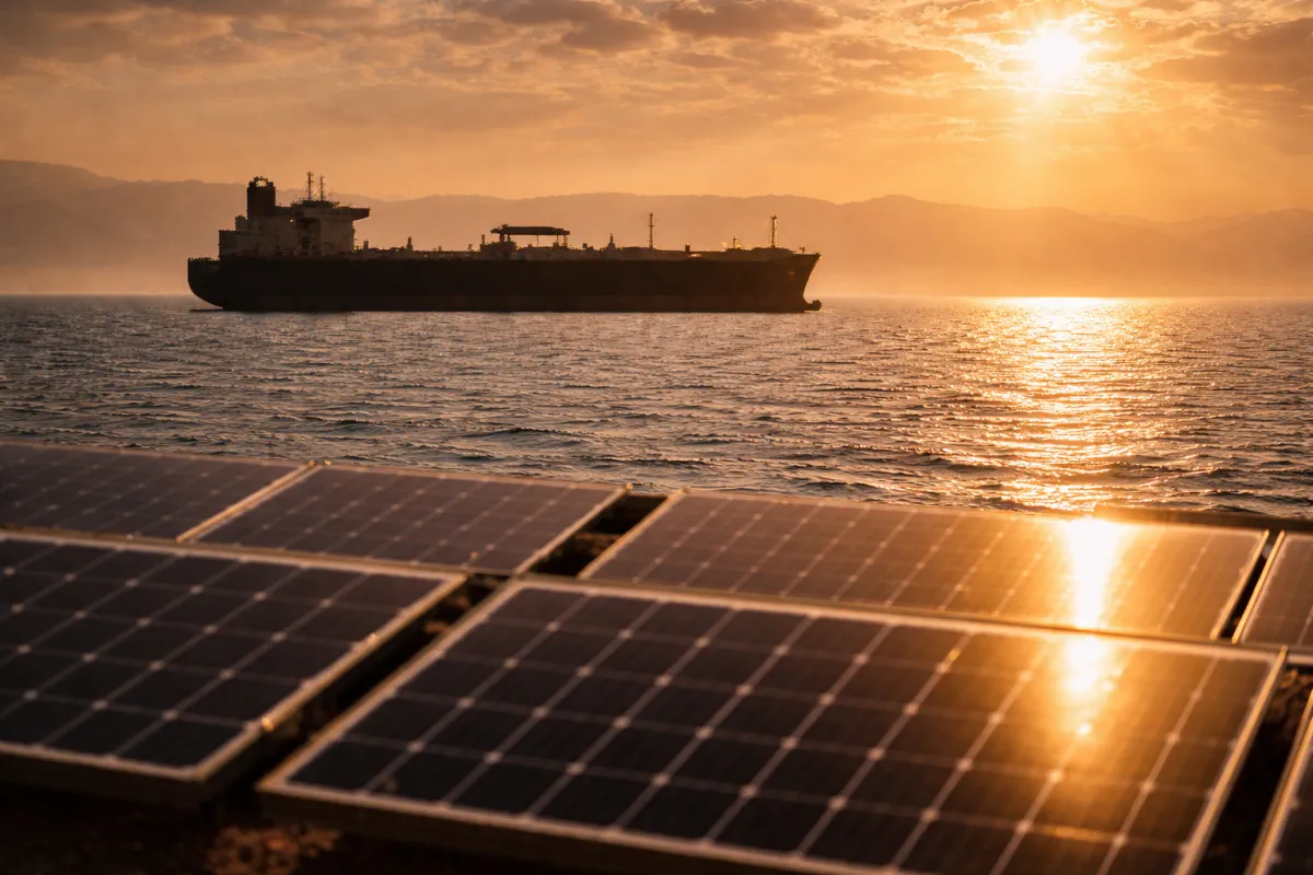 Ölnachfrage 2026 Öltanker in der Abendsonne mit Solarmodulen