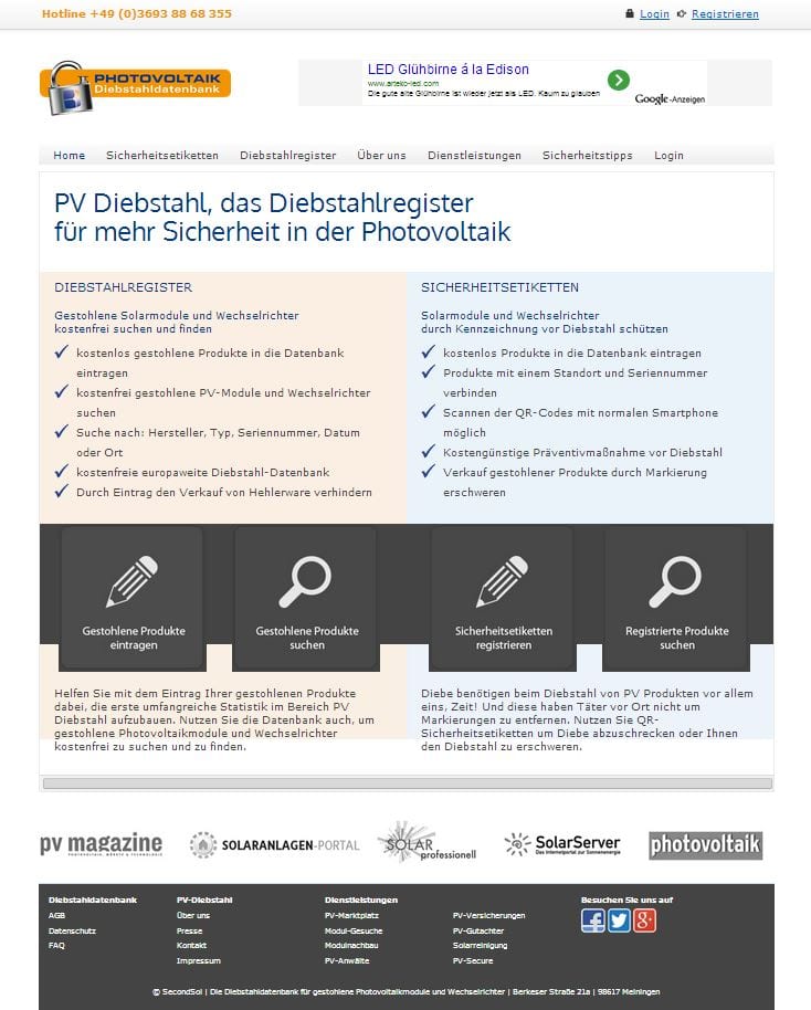 Etiketten und Schilder, PV Diebstahl-Datenbank