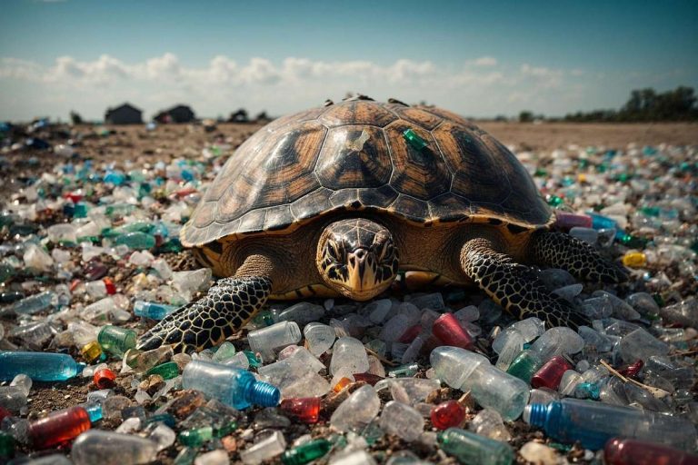 Plastik Problem Kunststoff Krise Schildkröte auf Müll am Strand
