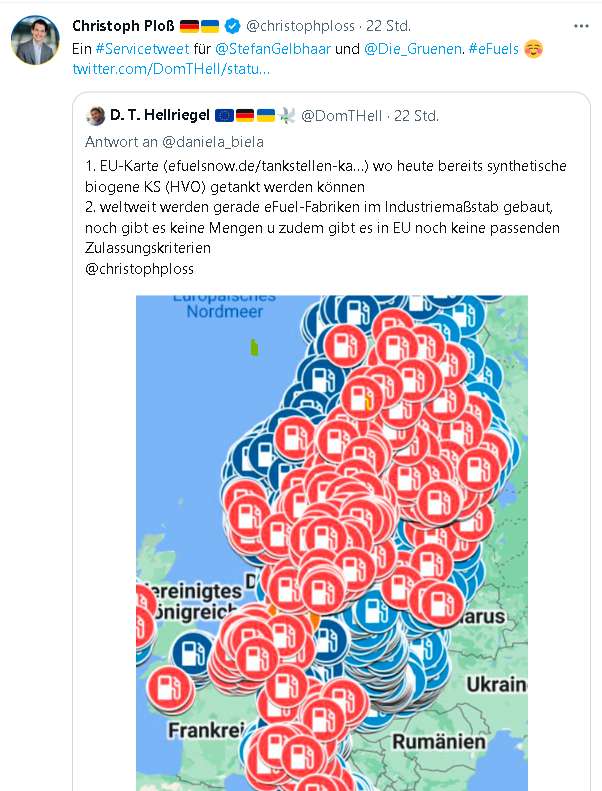 Landkarte HVO Tankstellen - keine E-Fuels