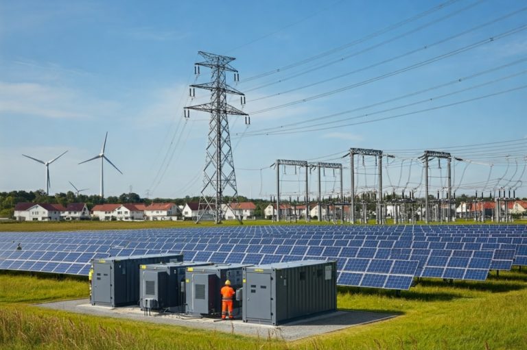 Stromnetze mit erneuerbarer Erzeugung und Batteriecontainern Energiewende