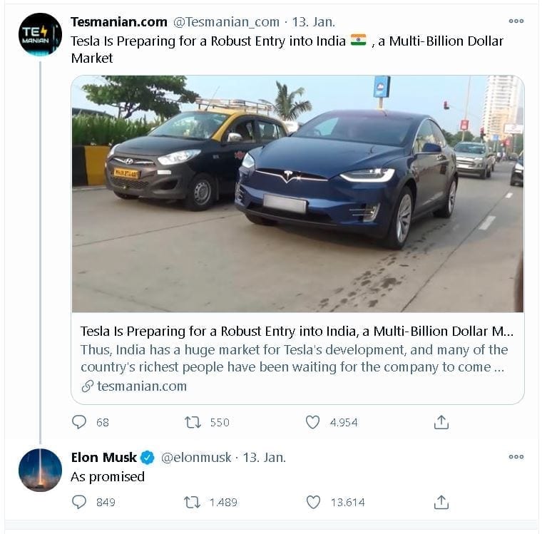 Tweet Elon Musk Indien-Expansion Tesla