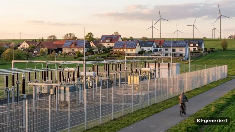 Anschläge auf Umspannwerke: Umspannwerk vor Dorf mit Solardächern und Windrädern