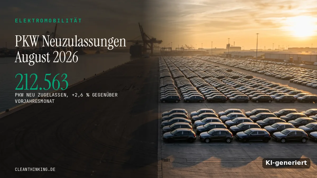 Neu zugelassene Autos am Hafen bei Sonnenuntergang, PKW Neuzulassungen August 2026, KI-generiert