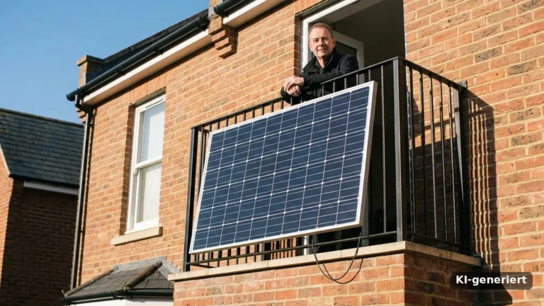 Balkonkraftwerk Grossbritannien: Steckersolar-Modul am Balkongelaender eines britischen Reihenhauses