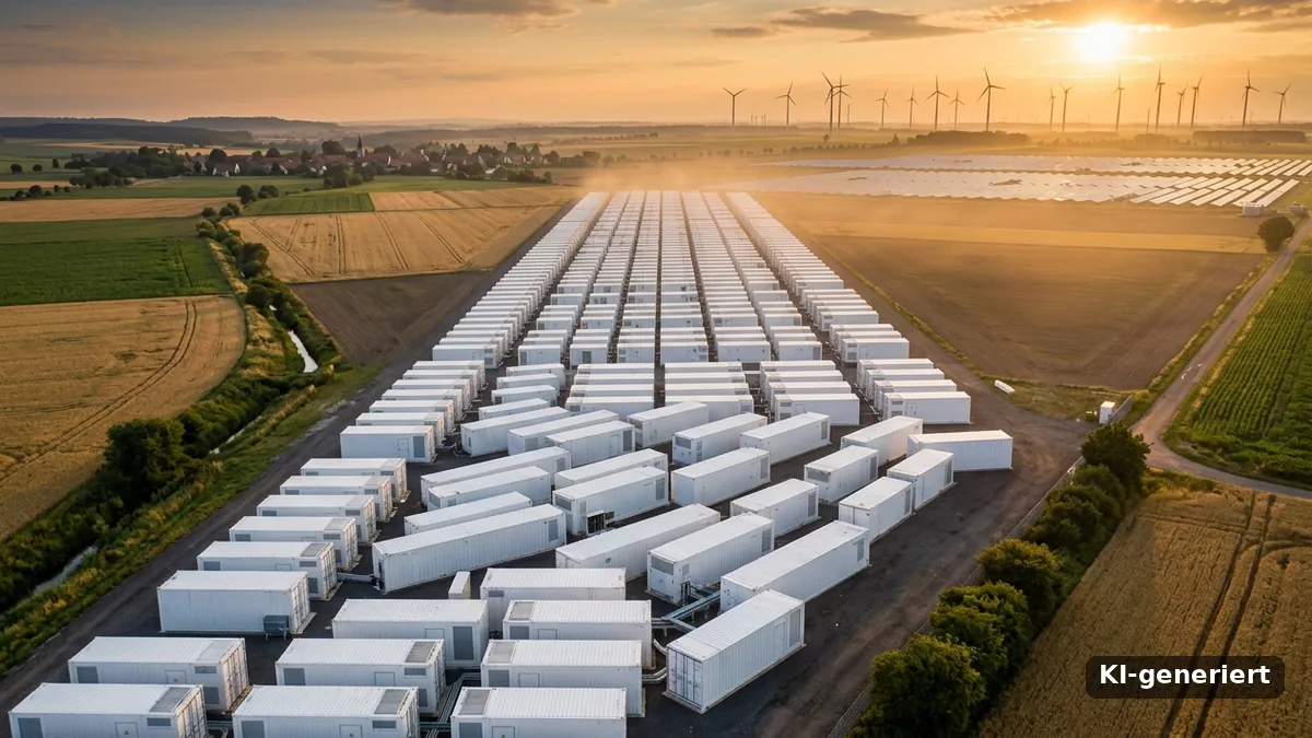 Reihen weißer Großbatterie-Container in der Landschaft, dahinter Windräder und Solarfelder im Abendlicht (KI-generiert)