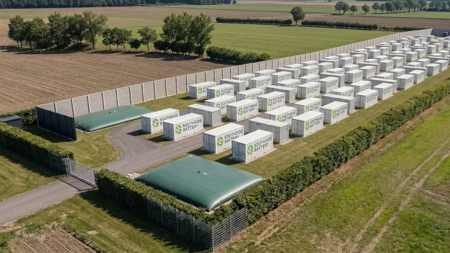 Visualisierung des geplanten Batteriespeichers in Quaal: Containerreihen hinter einem vier Meter hohen Lärmschutzwall mit umlaufender Hecke