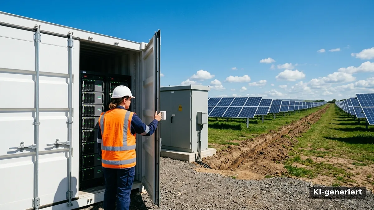 Batteriespeicher mit Netzstrom laden: Technikerin öffnet einen Speichercontainer am Solarpark, daneben Trafostation und Kabelgraben