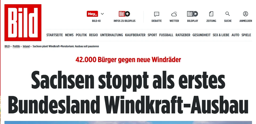 Screenshot der BILD-Schlagzeile „Sachsen stoppt als erstes Bundesland Windkraft-Ausbau“