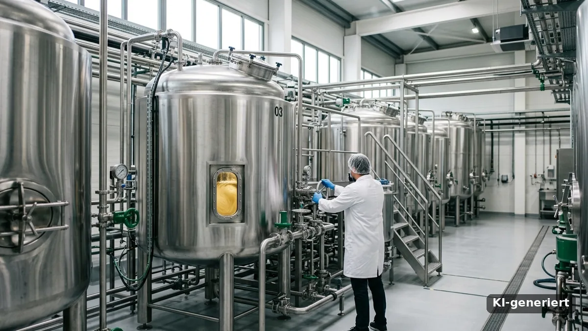 Biomanufacturing im Industriemaßstab: Fermentationstanks aus Edelstahl, ein Mitarbeiter im Kittel regelt ein Ventil