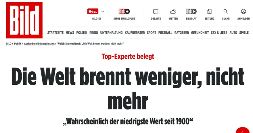 Screenshot der BILD-Schlagzeile Die Welt brennt weniger, nicht mehr