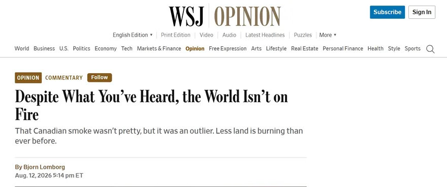 Screenshot des Wall-Street-Journal-Kommentars von Björn Lomborg vom 12. August 2026