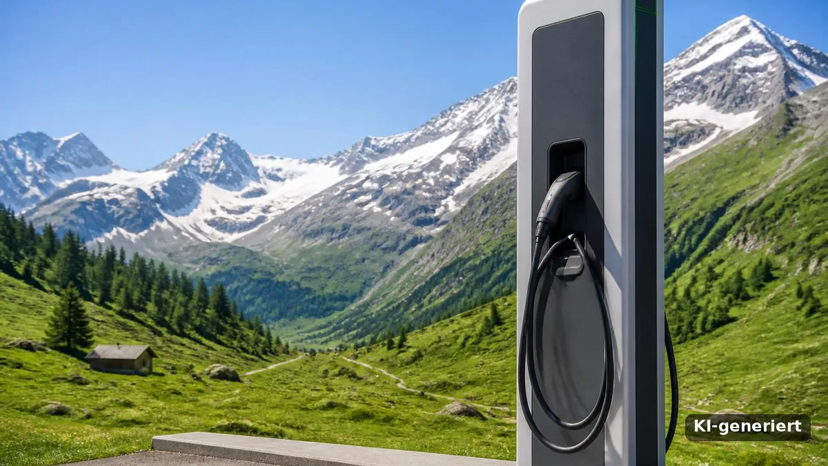 BYD Flash Charger Schnellladesaeule in alpiner Landschaft (KI-generiert)