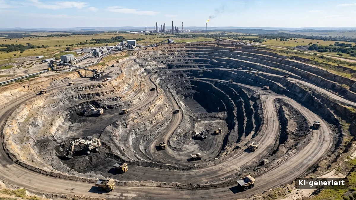 Carbon Majors: Luftbild eines Kohletagebaus mit Terrassen, Baggern und Muldenkippern, am Horizont eine Gasfackel und Raffinerietürme