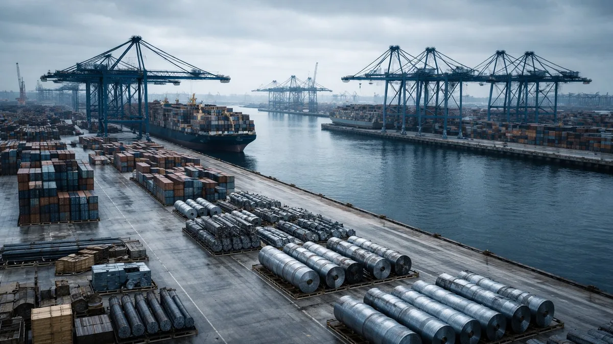 Containerhafen mit Stahlcoils - EU-Klimazoll CBAM auf CO₂-intensive Importe