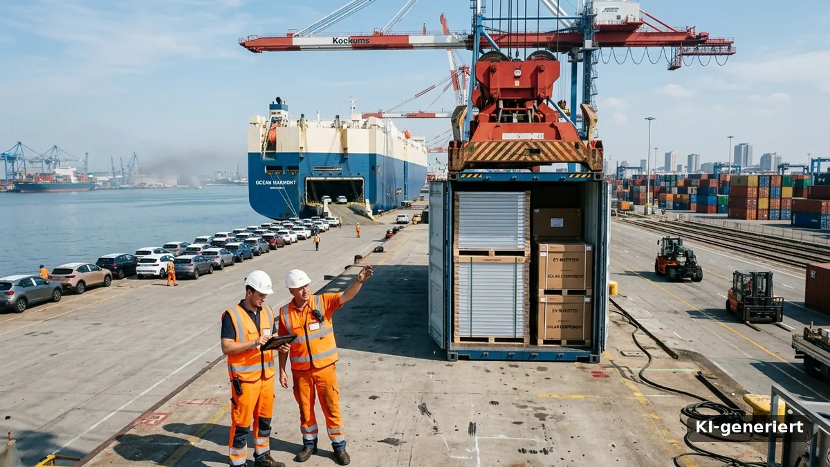 Chinas Dominanz bei grünen Technologien: Hafenarbeiter prüfen einen Container mit Solarmodulen und Wechselrichtern, dahinter entlädt ein Autofrachter Elektroautos (KI-generiert)