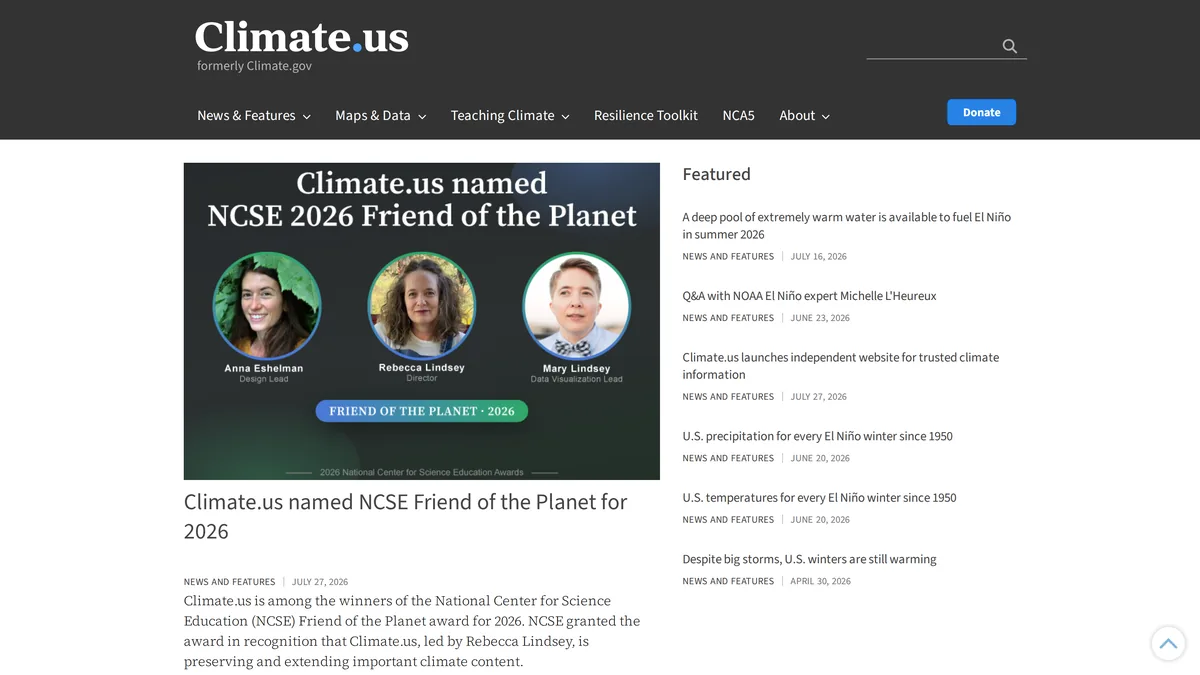 Startseite von climate.us mit Klimadaten, Karten und dem Hinweis formerly Climate.gov