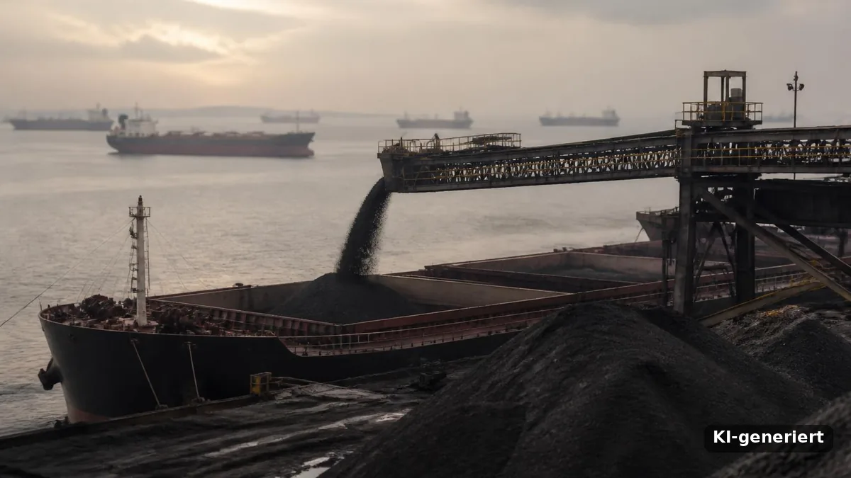 CO2-Emissionen 2026: Kohle wird am Hafen in einen Frachter verladen, im Hintergrund liegen Öltanker vor Anker (KI-generiert)