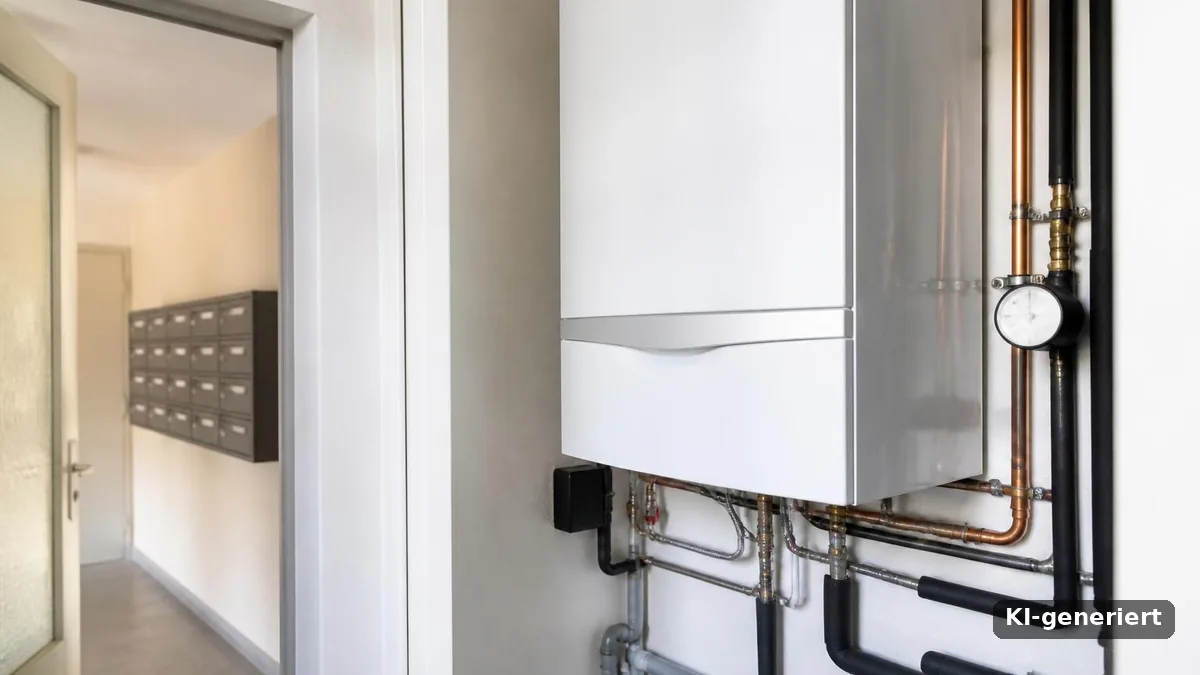 Gastherme mit Wärmemengenzähler im Mehrfamilienhaus, Briefkästen im Flur (KI-generiert)