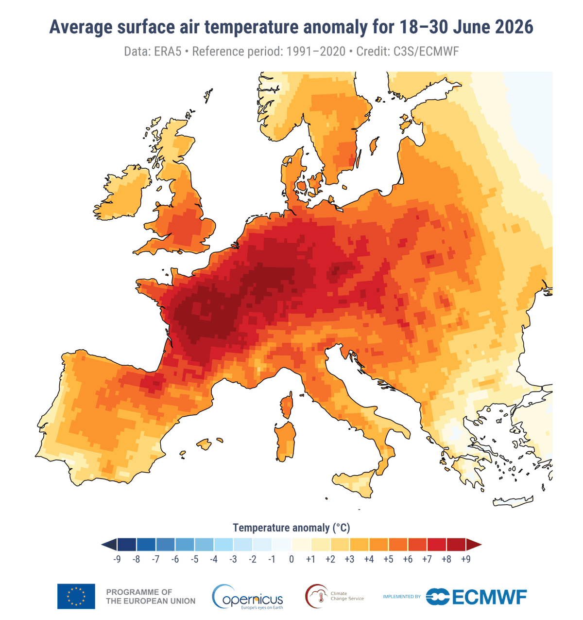 Temperaturabweichung während der Hitzewelle vom 18. bis 30. Juni 2026 über Europa