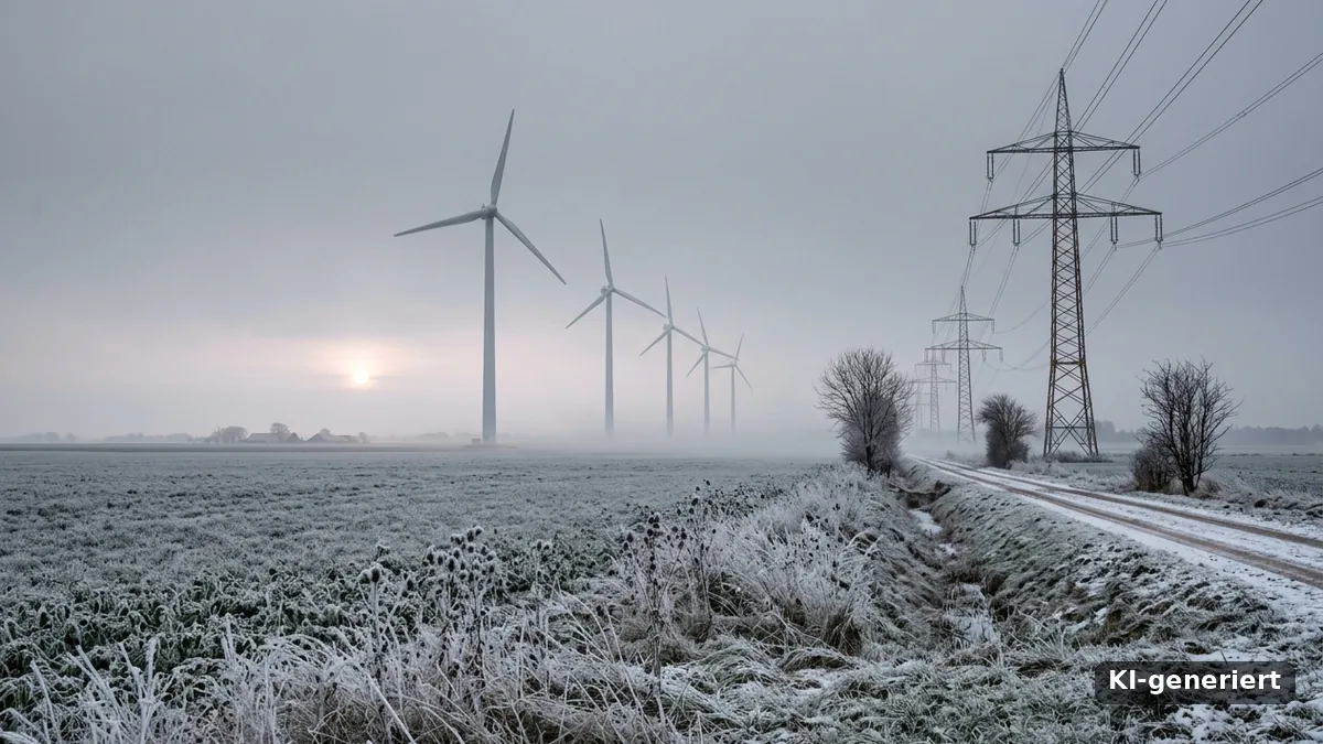 Stillstehende Windräder im Nebel über einem bereiften Feld bei grauem Winterhimmel, KI-generiert