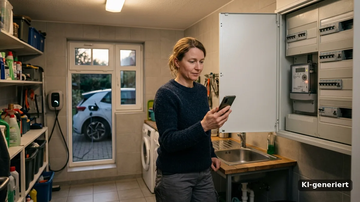 Frau steht vor dem offenen Zählerschrank und schaut auf ihr Smartphone, draußen lädt ein E-Auto an der Wallbox