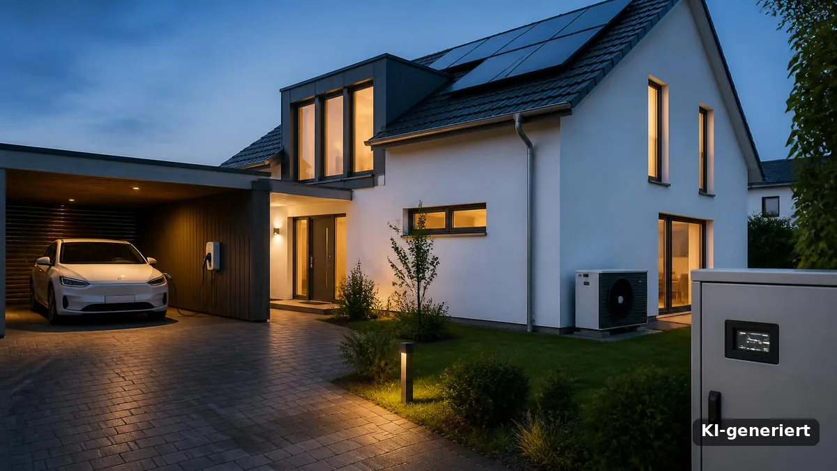 Dynamischer Stromtarif: Einfamilienhaus am Abend mit ladendem E-Auto, Wärmepumpe und Zählerschrank