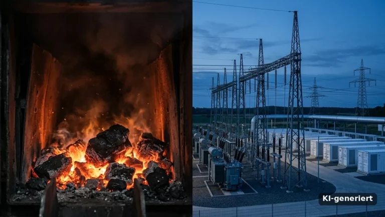 Kohlefeuer im Ofen neben Umspannwerk mit Batteriespeichern: fossile Verbrennung gegen Energieinfrastruktur der Energiewende