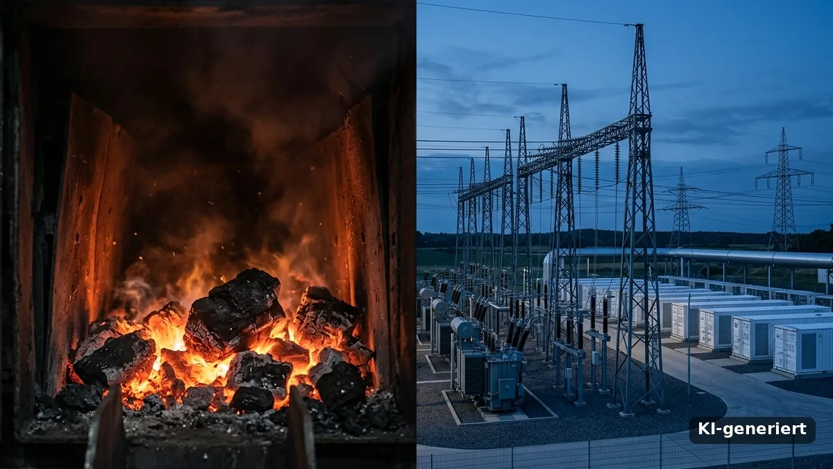 Kohlefeuer im Ofen neben Umspannwerk mit Batteriespeichern: fossile Verbrennung gegen Energieinfrastruktur der Energiewende