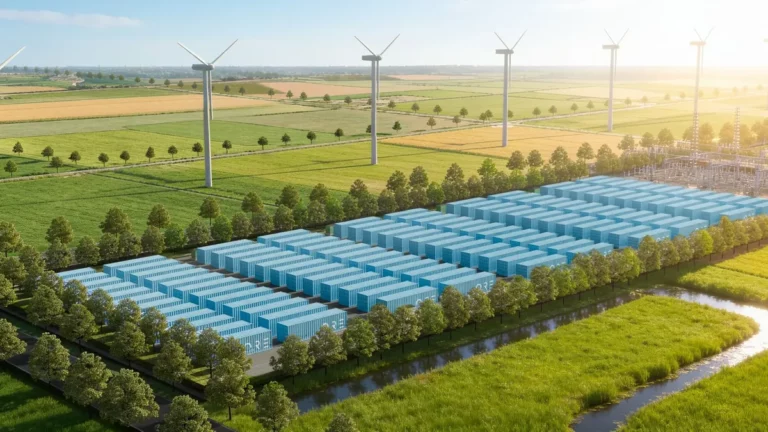 Eisen-Luft-Batterie: Visualisierung eines Speicherparks von Ore Energy vor Windrädern in der niederländischen Landschaft