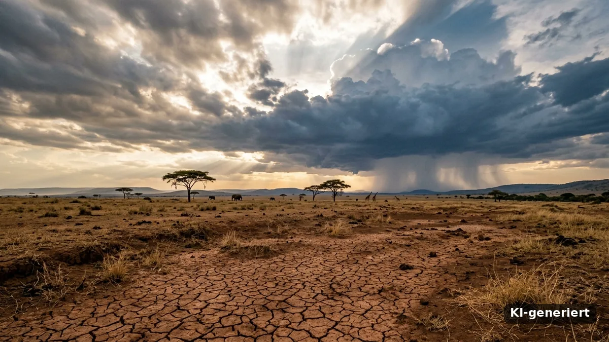 Ausgedorrte, rissige Erde in der ostafrikanischen Savanne, am Horizont zieht eine dunkle Gewitterfront mit sichtbaren Regenschleiern auf