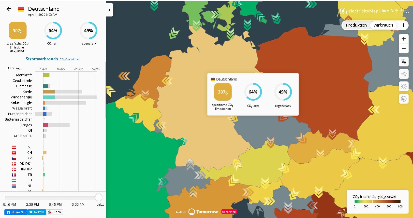 electricitymap 1. April 2020, 9:00 Deutschland
