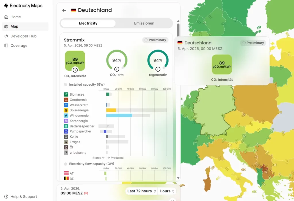 electricitymaps zeigt Export aus Deutschland um 9 Uhr