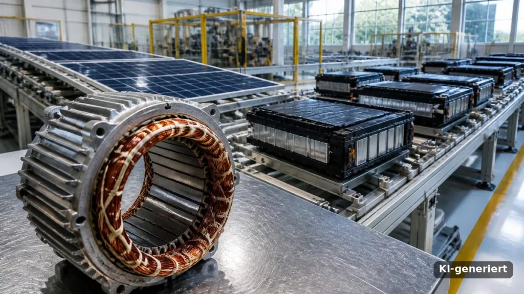 Fabrikhalle mit Solarmodulen, Batteriepacks und dem Kupferstator eines Elektromotors (KI-generiert)