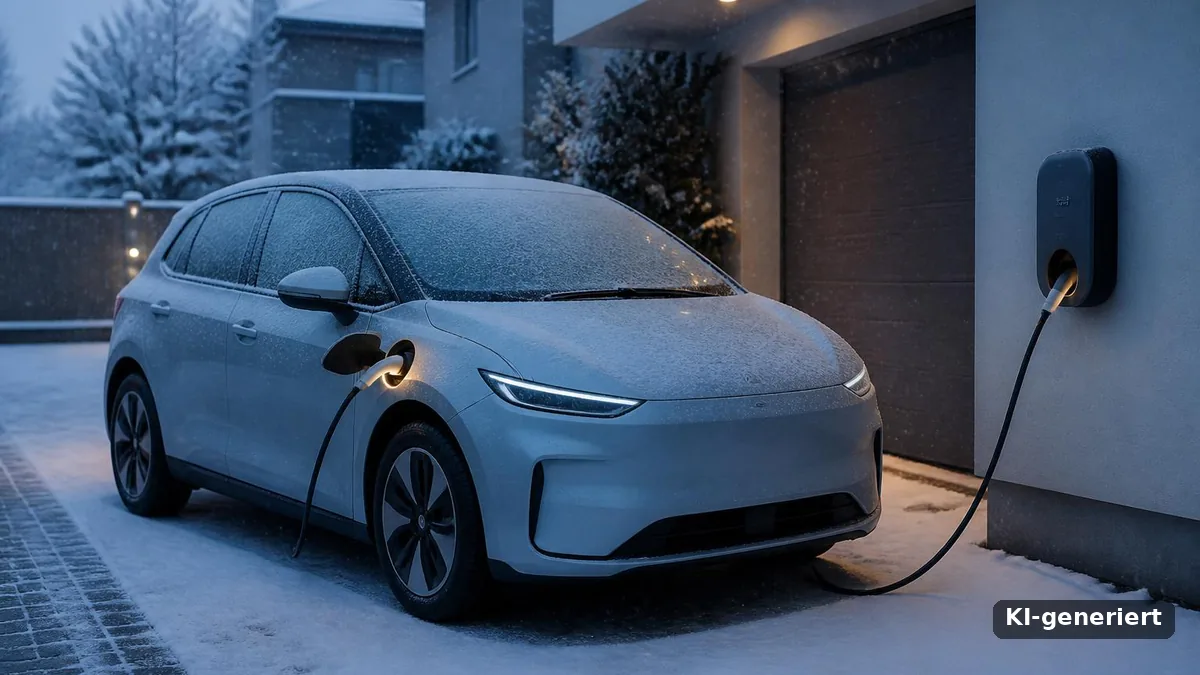 Elektroauto im Winter: verschneites E-Auto lädt an der Wallbox vor der Garage