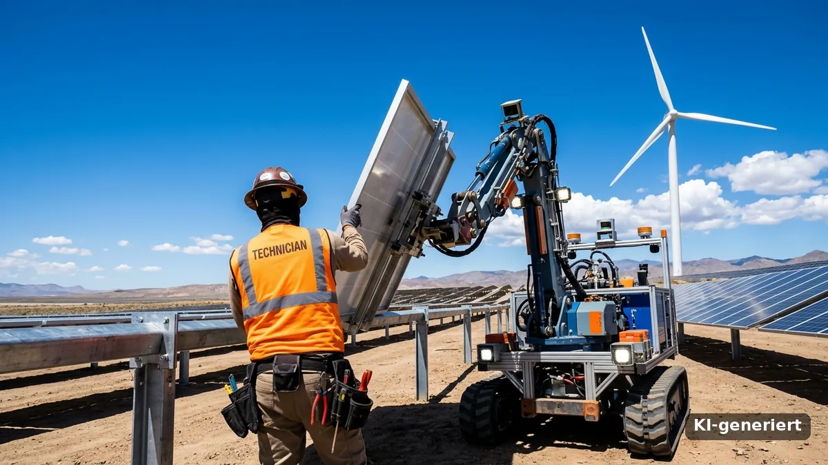 Emissions Gap Report 2026: Solarmonteur und Montageroboter installieren Solarmodule vor einem Windrad (KI-generiert)