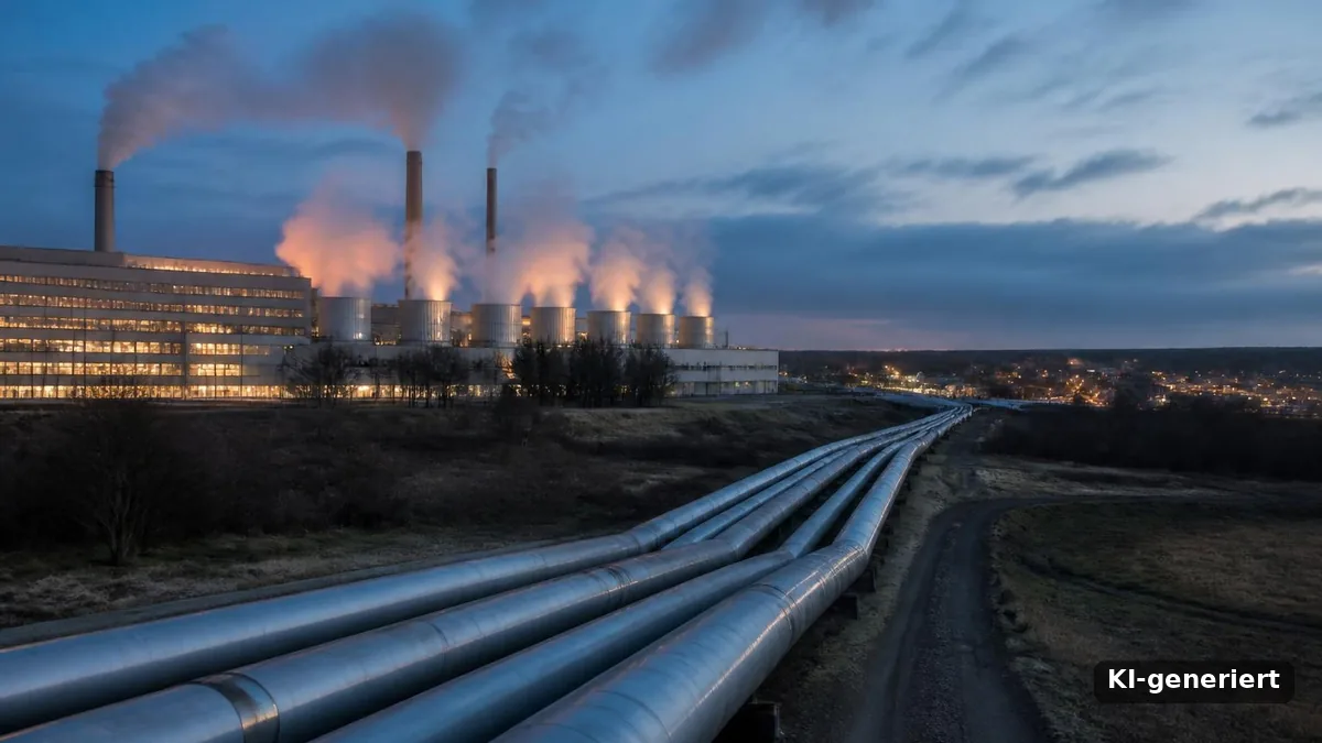Industriewerk mit dampfenden Kühltürmen und Fernwärmeleitungen als Symbol für ungenutzte Abwärme