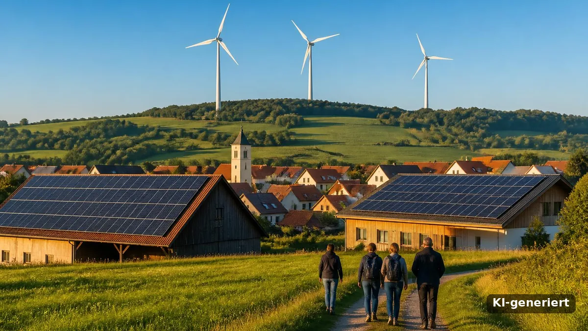 Dorf mit Solardächern auf Scheune und Gemeindehaus, dahinter drei Windräder, Symbolbild Energiegenossenschaft (KI-generiert)