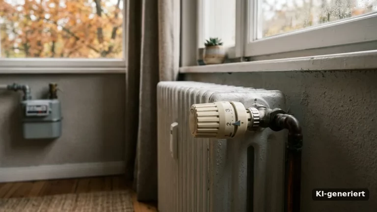 Heizkörper mit Thermostat auf Stufe zwei, im Hintergrund ein Gaszähler