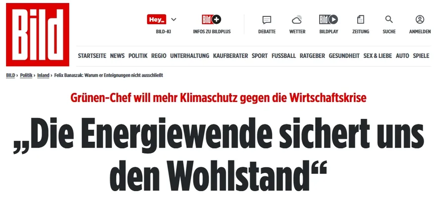 BILD-Schlagzeile zum Interview mit Felix Banaszak: Die Energiewende sichert uns den Wohlstand